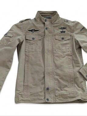 Jeepcd Khaki Cotton Military Field Jacket Patches Women’s Size M Utility Coat